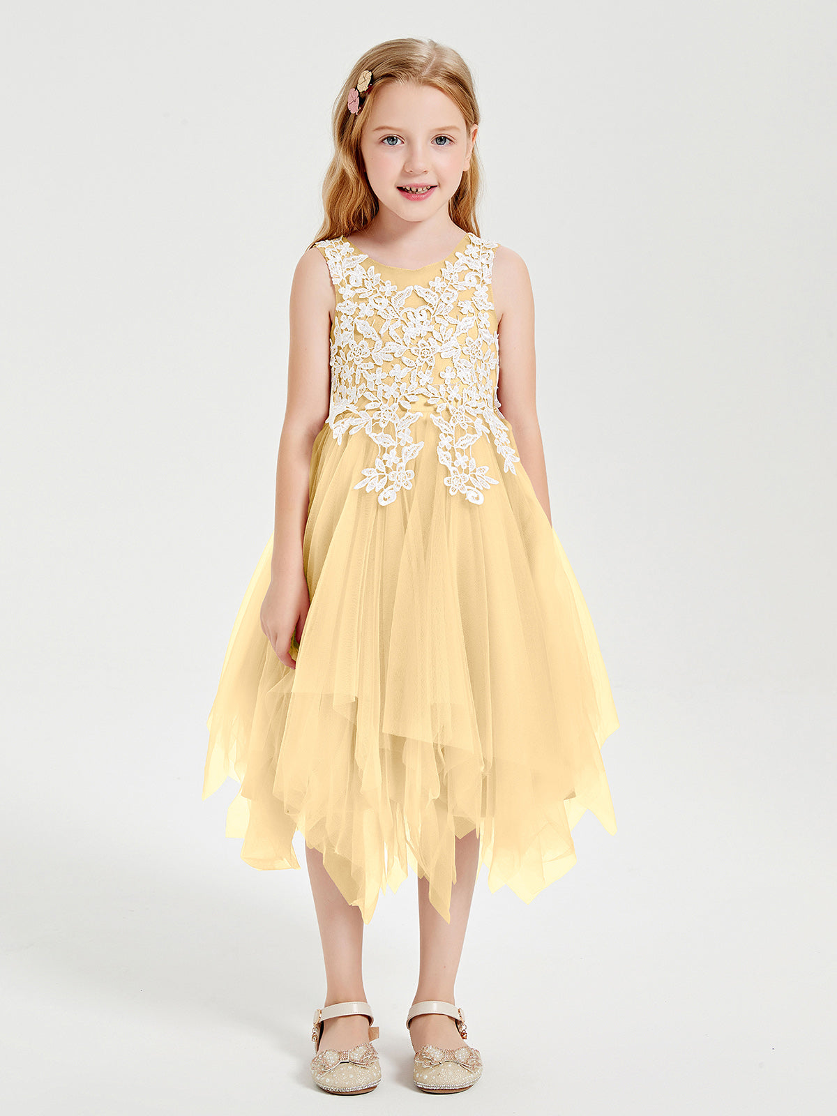 Tea Length Tulle Junior Bridesmaid Dresses Gold